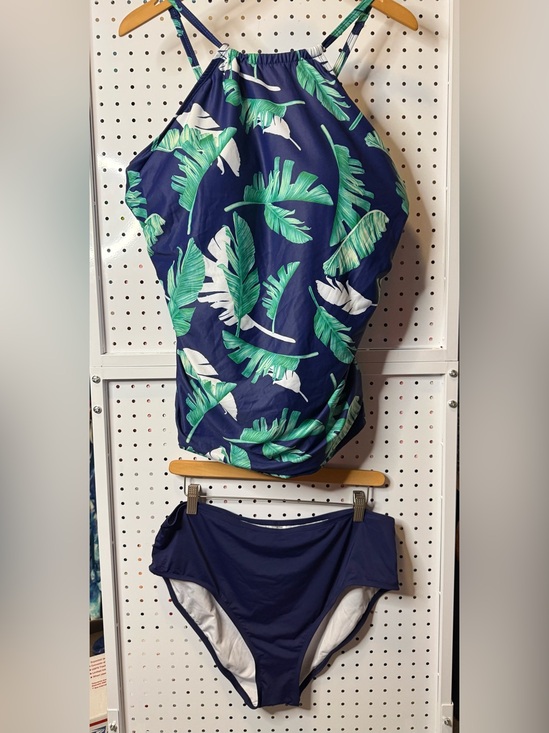 Tempt Me Other - Women’s Navy Tropical High-Neck Tankini Set with Green Leaf Print